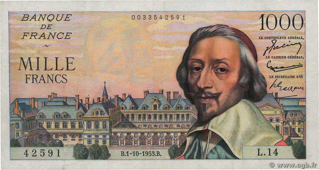 1000 Francs RICHELIEU FRANCE  1953 F.42.03 TB+