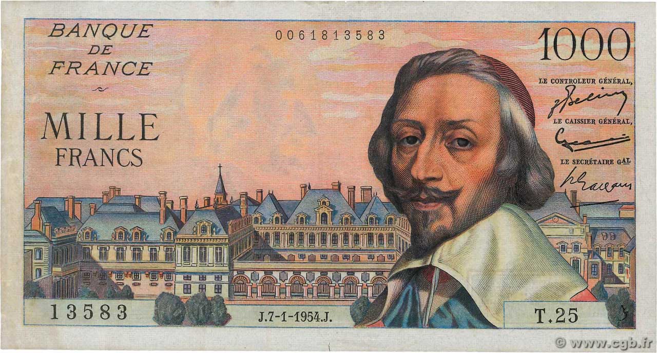 1000 Francs RICHELIEU FRANCE  1954 F.42.04 pr.TTB