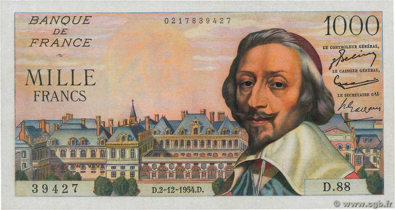1000 Francs RICHELIEU FRANCE  1954 F.42.09 TTB