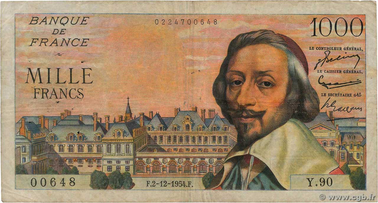 1000 Francs RICHELIEU FRANCE  1954 F.42.09 B