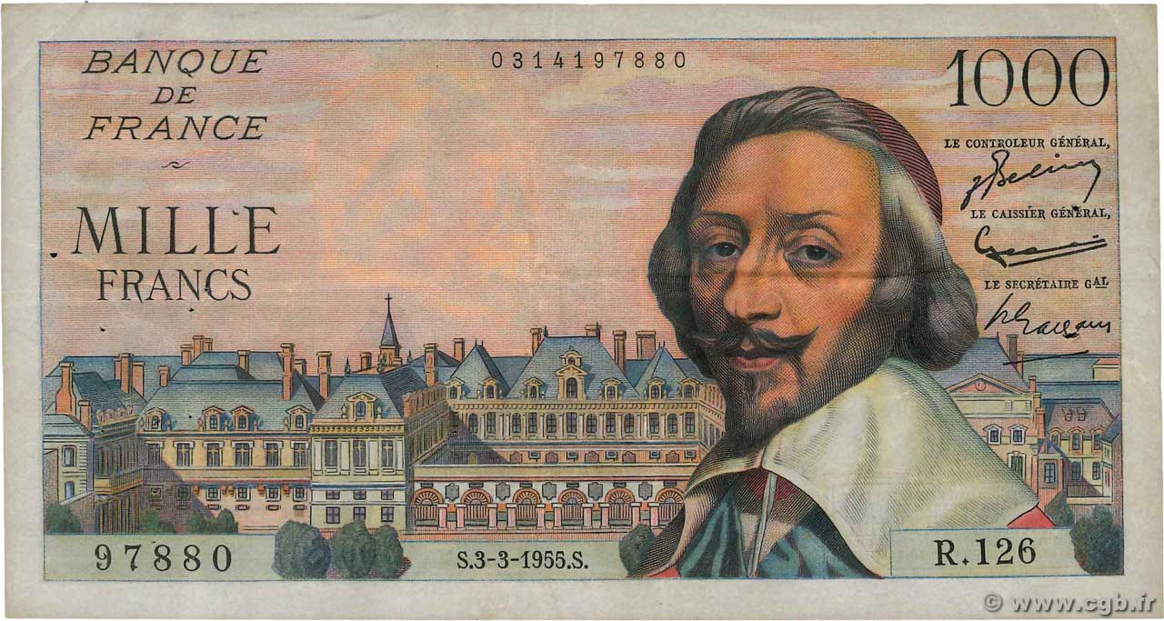 1000 Francs RICHELIEU FRANCE  1955 F.42.11 TTB