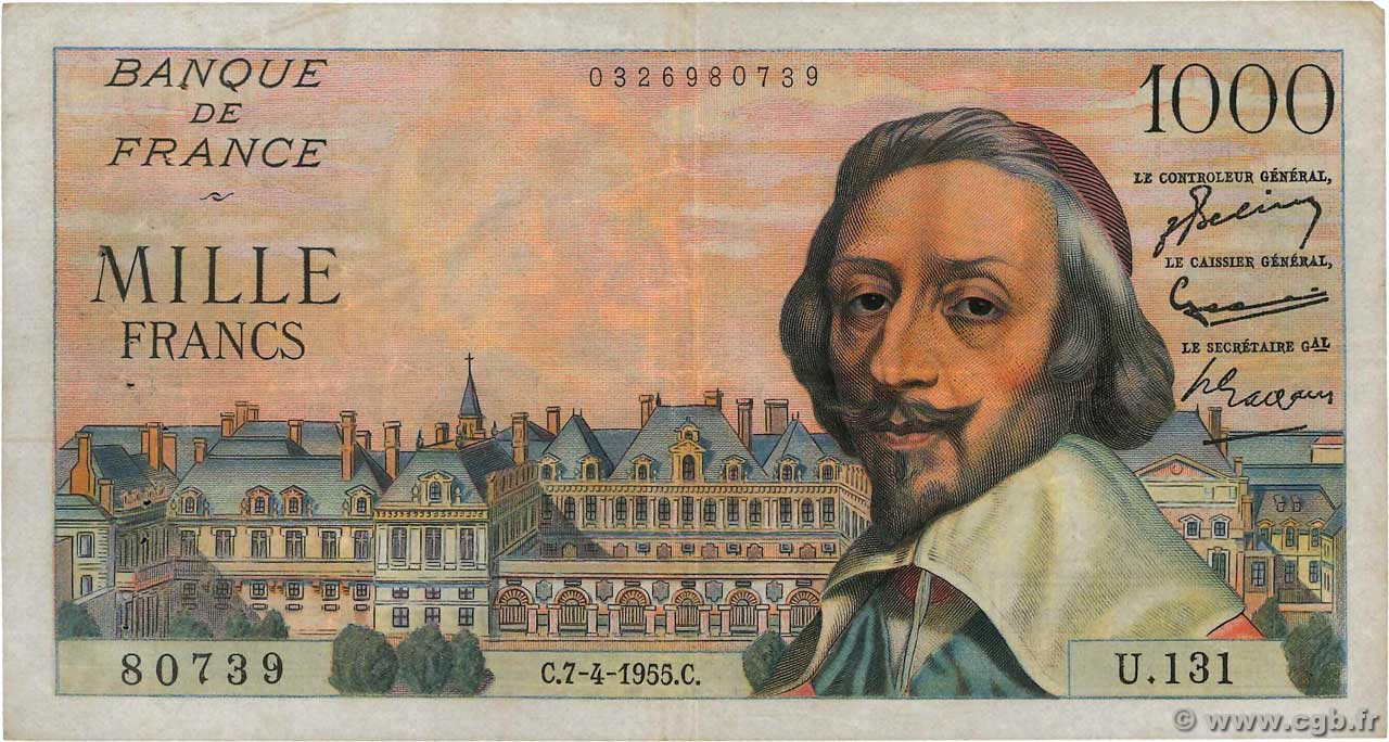 1000 Francs RICHELIEU FRANCE  1955 F.42.12 pr.TTB