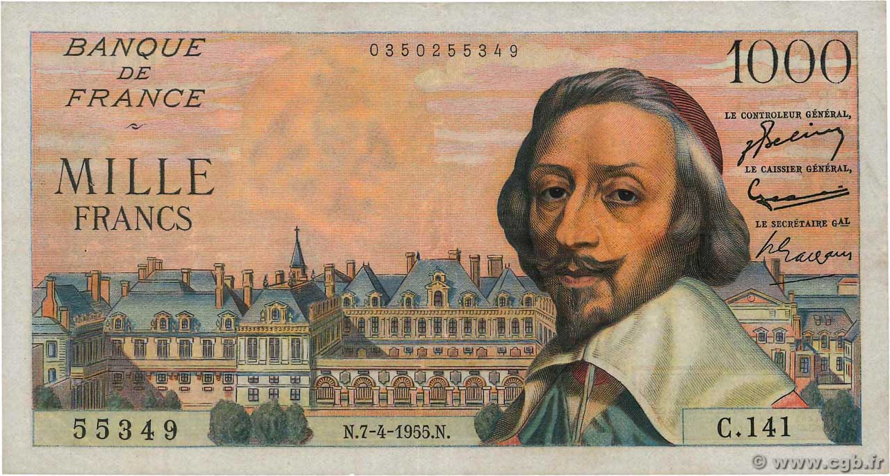 1000 Francs RICHELIEU FRANCE  1955 F.42.12 VF-