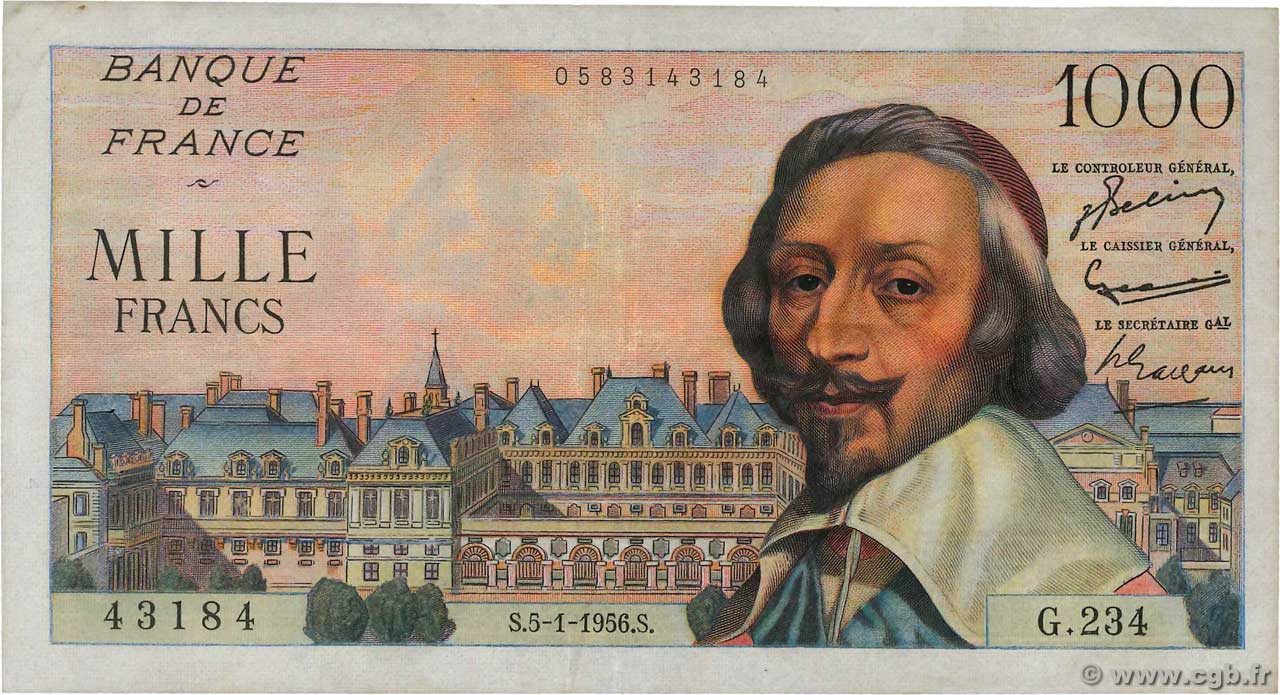 1000 Francs RICHELIEU FRANCE  1956 F.42.18 TTB