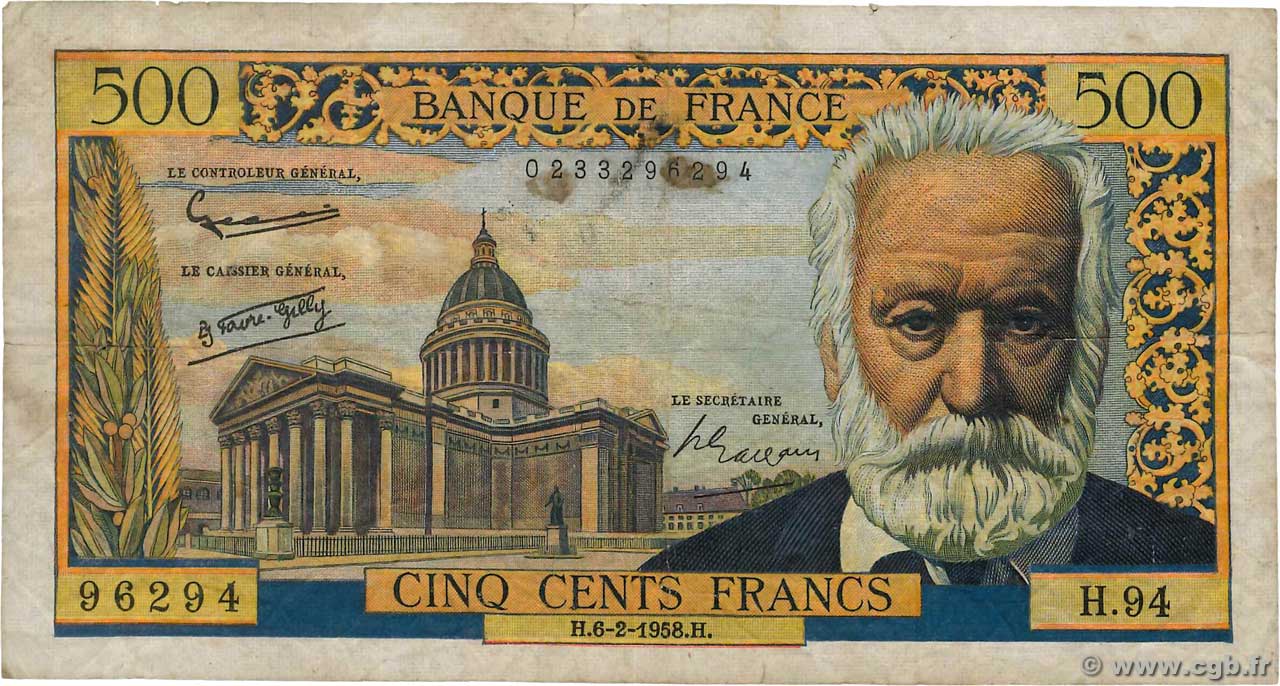 500 Francs VICTOR HUGO FRANCE  1958 F.35.08 B+