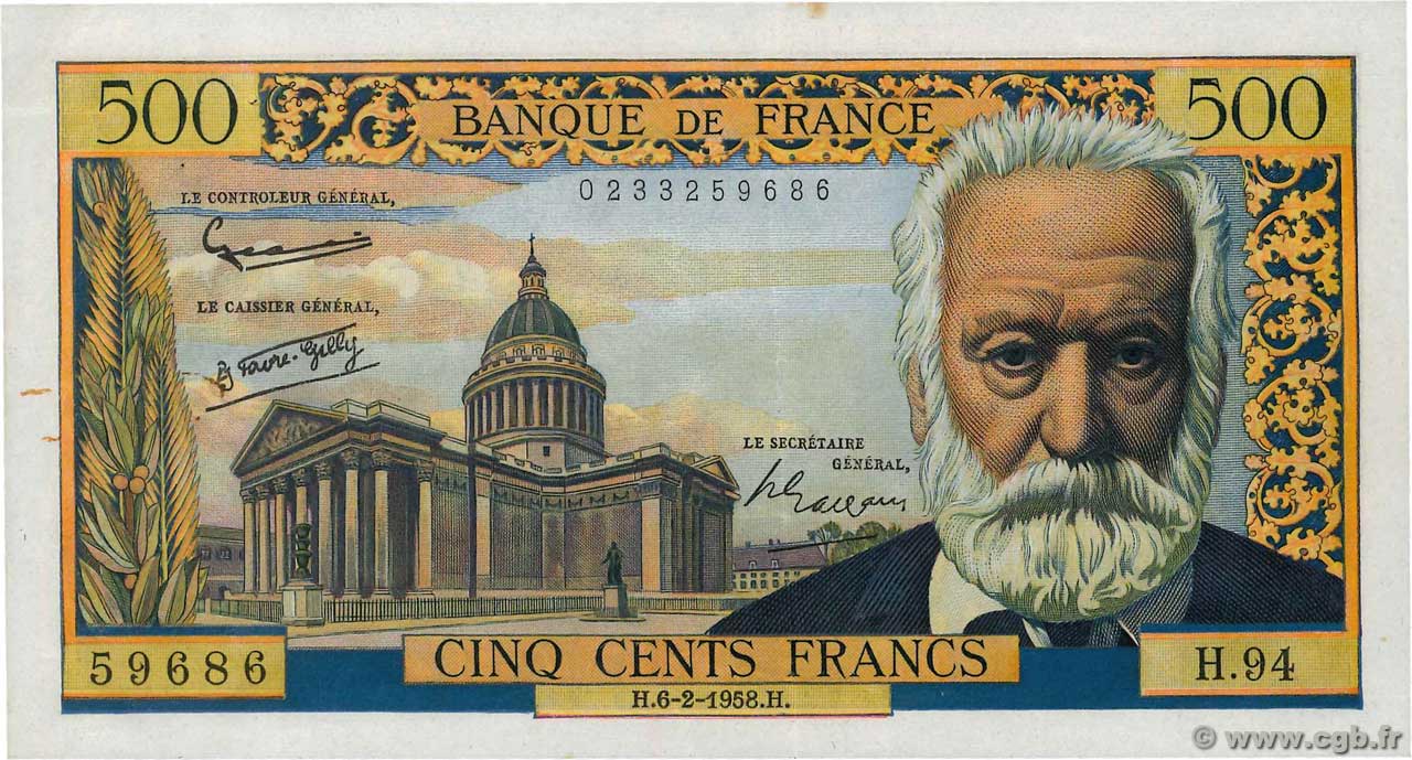 500 Francs VICTOR HUGO FRANCE  1958 F.35.08 TTB