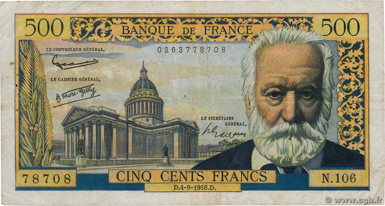 500 Francs VICTOR HUGO FRANCE  1958 F.35.10 TB