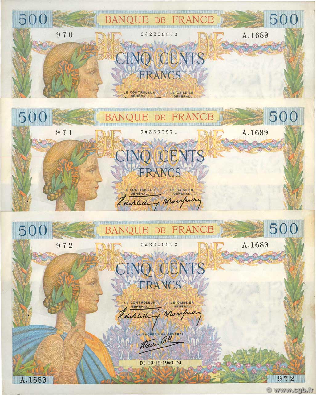 500 Francs LA PAIX Consécutifs FRANCE  1940 F.32.11 TTB+