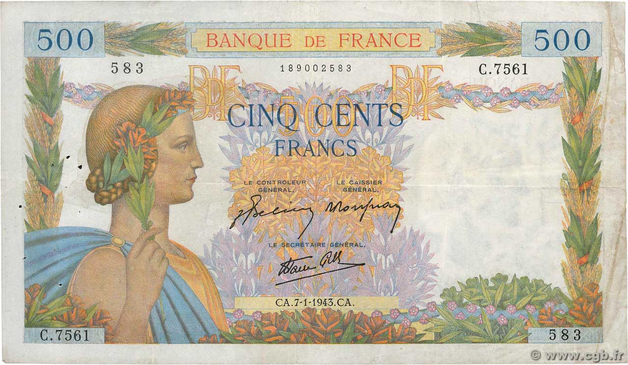 500 Francs LA PAIX FRANCE  1943 F.32.44 TB