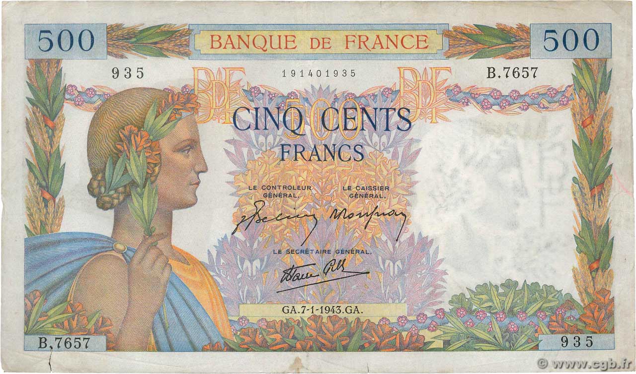 500 Francs LA PAIX FRANCE  1943 F.32.44 TB