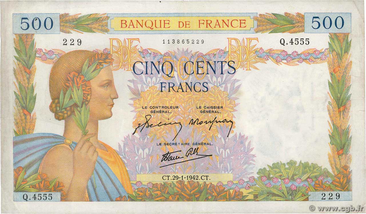 500 Francs LA PAIX FRANCE  1942 F.32.28 pr.TTB