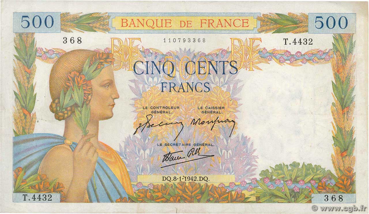 500 Francs LA PAIX FRANCE  1942 F.32.27 VF
