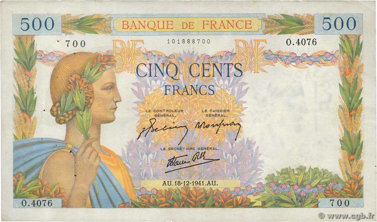 500 Francs LA PAIX FRANCE  1941 F.32.25 VF