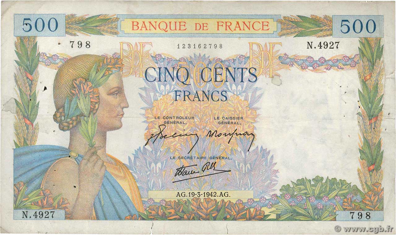 500 Francs LA PAIX FRANCE  1942 F.32.31 TB