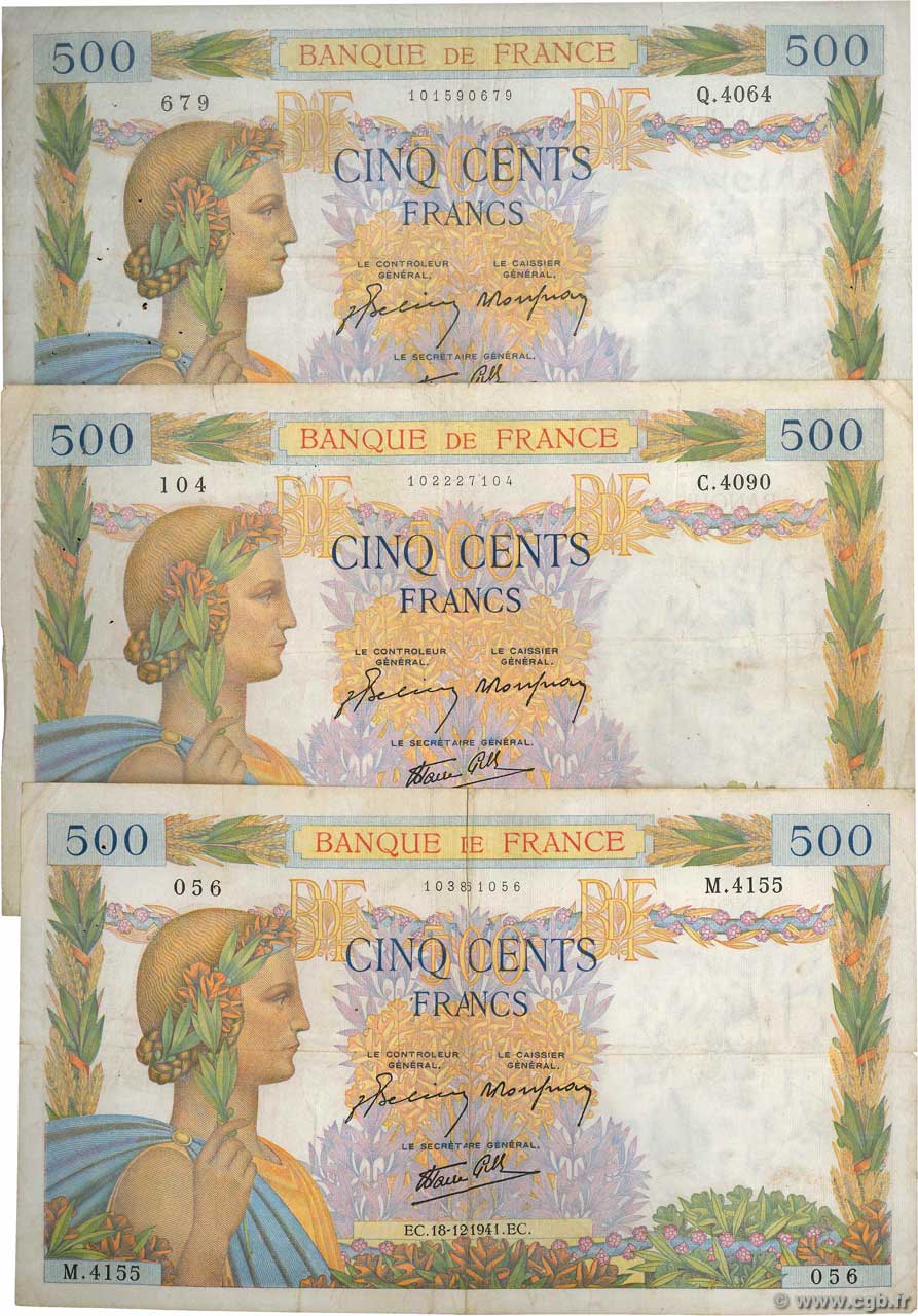500 Francs LA PAIX Lot FRANKREICH  1941 F.32.25 S