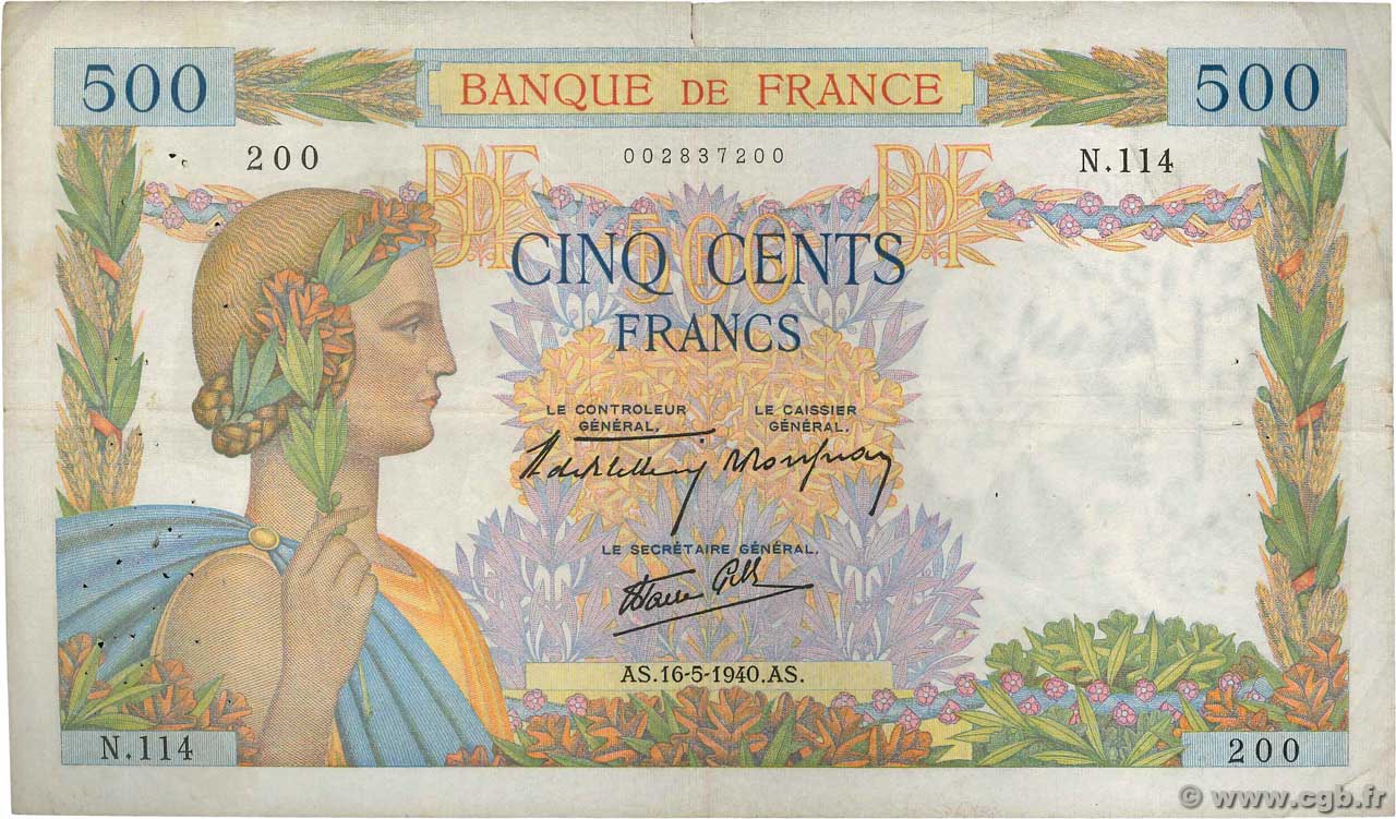 500 Francs LA PAIX FRANCE  1940 F.32.02 TB+