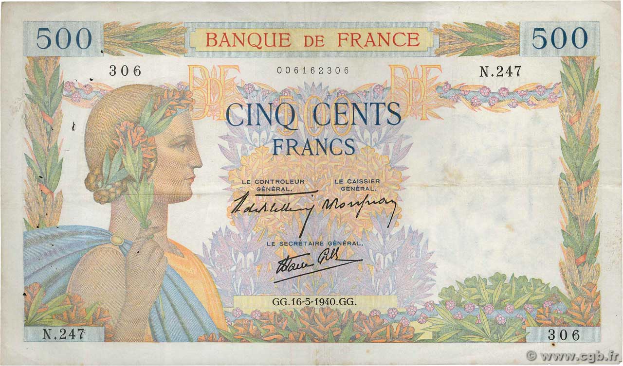500 Francs LA PAIX FRANCE  1940 F.32.02 pr.TTB