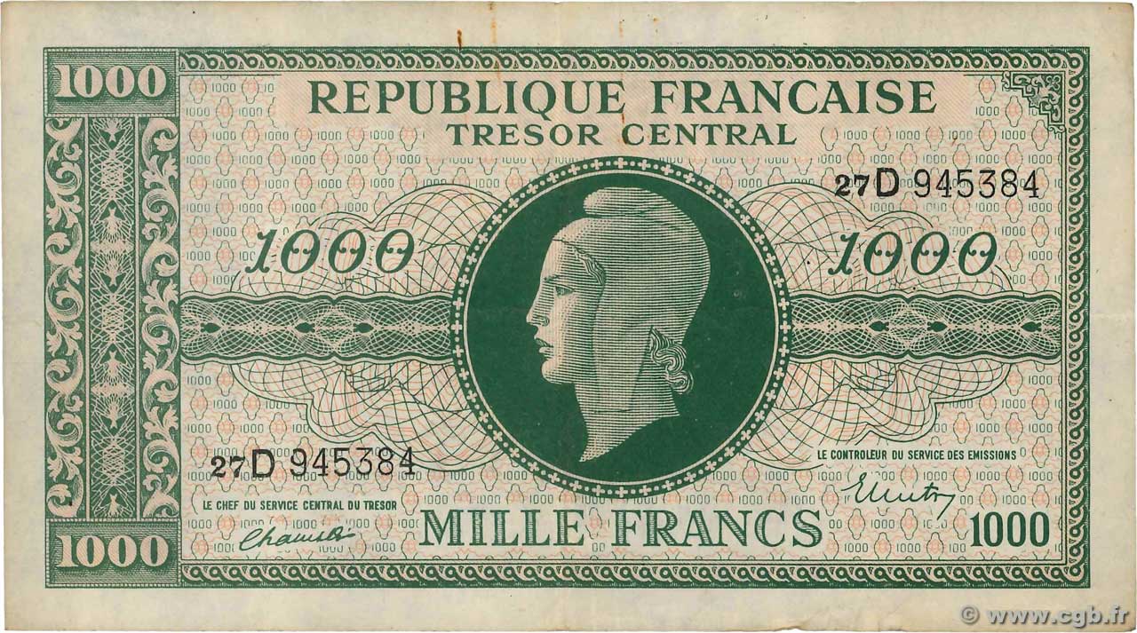 1000 Francs MARIANNE THOMAS DE LA RUE FRANCE  1945 VF.13.01 F+