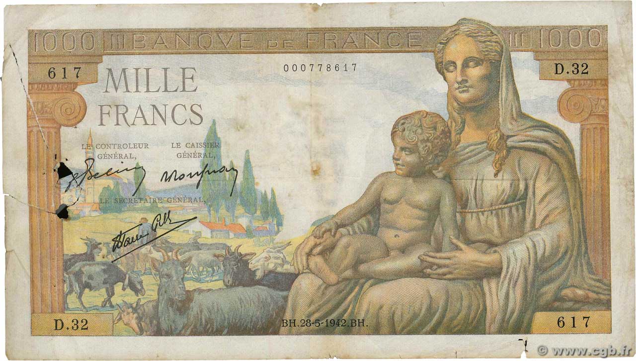 1000 Francs DÉESSE DÉMÉTER FRANCE  1942 F.40.01 B