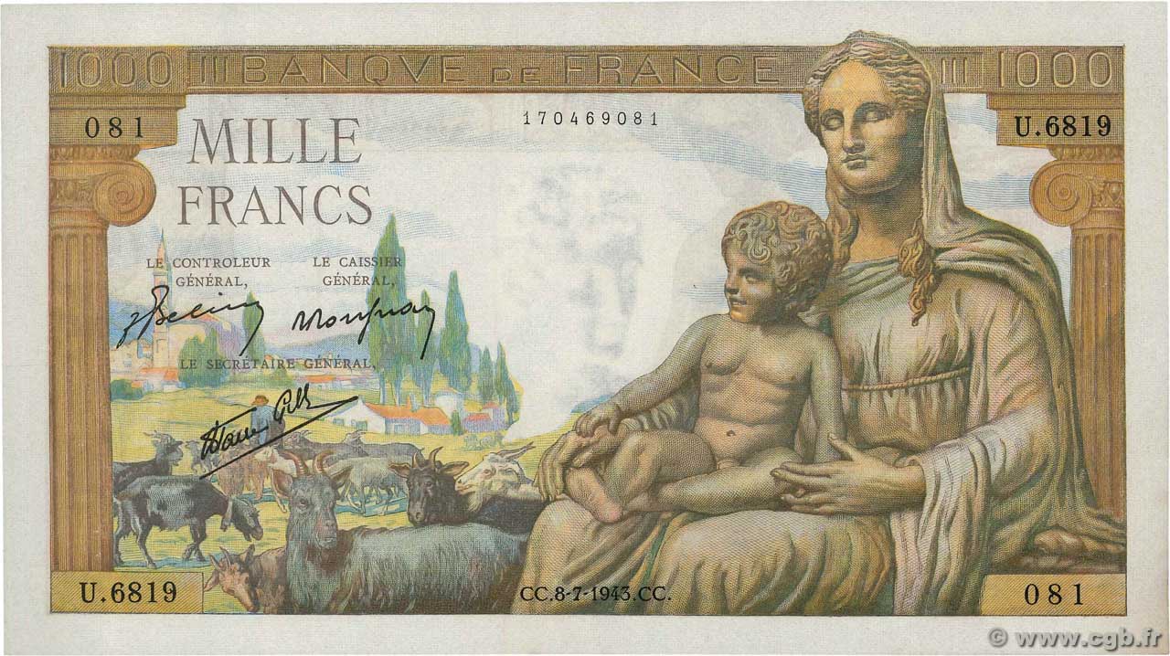 1000 Francs DÉESSE DÉMÉTER FRANCIA  1943 F.40.29 SC