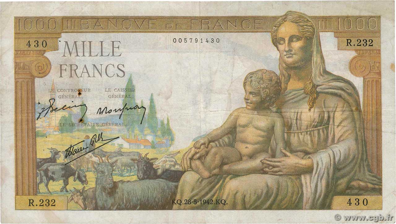 1000 Francs DÉESSE DÉMÉTER FRANCE  1942 F.40.01 pr.TB