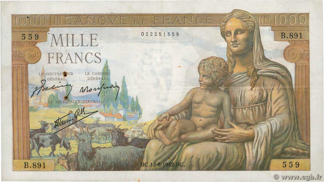 1000 Francs DÉESSE DÉMÉTER FRANCE  1942 F.40.04 TB+