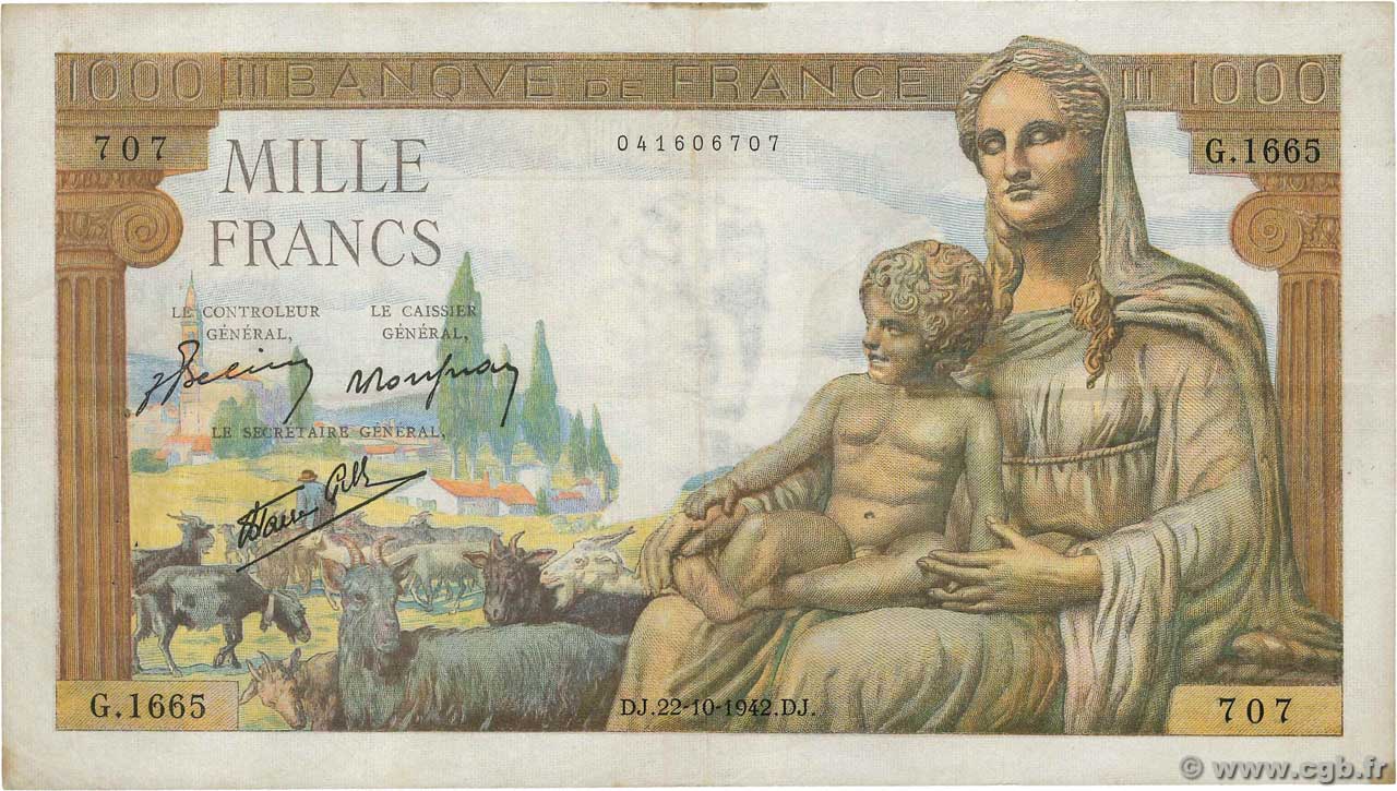 1000 Francs DÉESSE DÉMÉTER FRANCE  1942 F.40.09 VF-