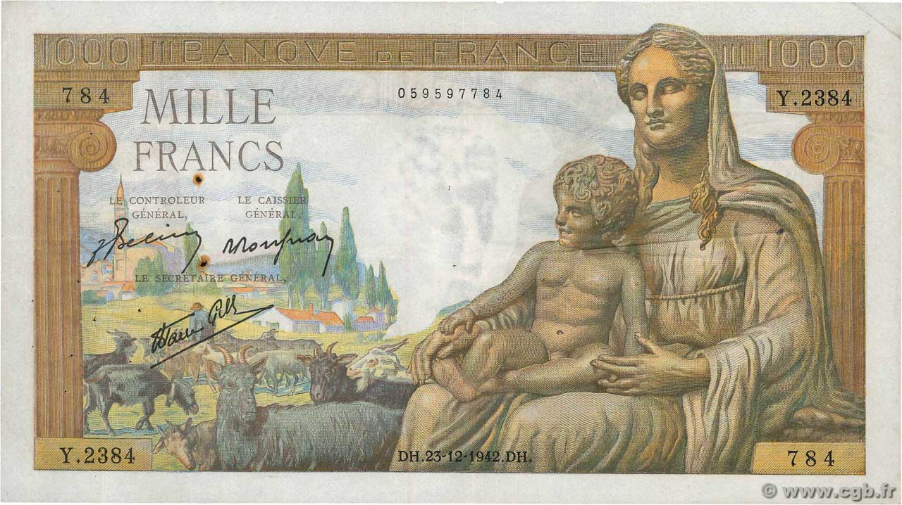 1000 Francs DÉESSE DÉMÉTER FRANCE  1942 F.40.14 VF-