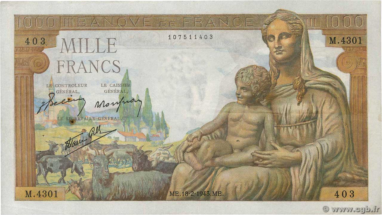 1000 Francs DÉESSE DÉMÉTER FRANCE  1943 F.40.19 VF-