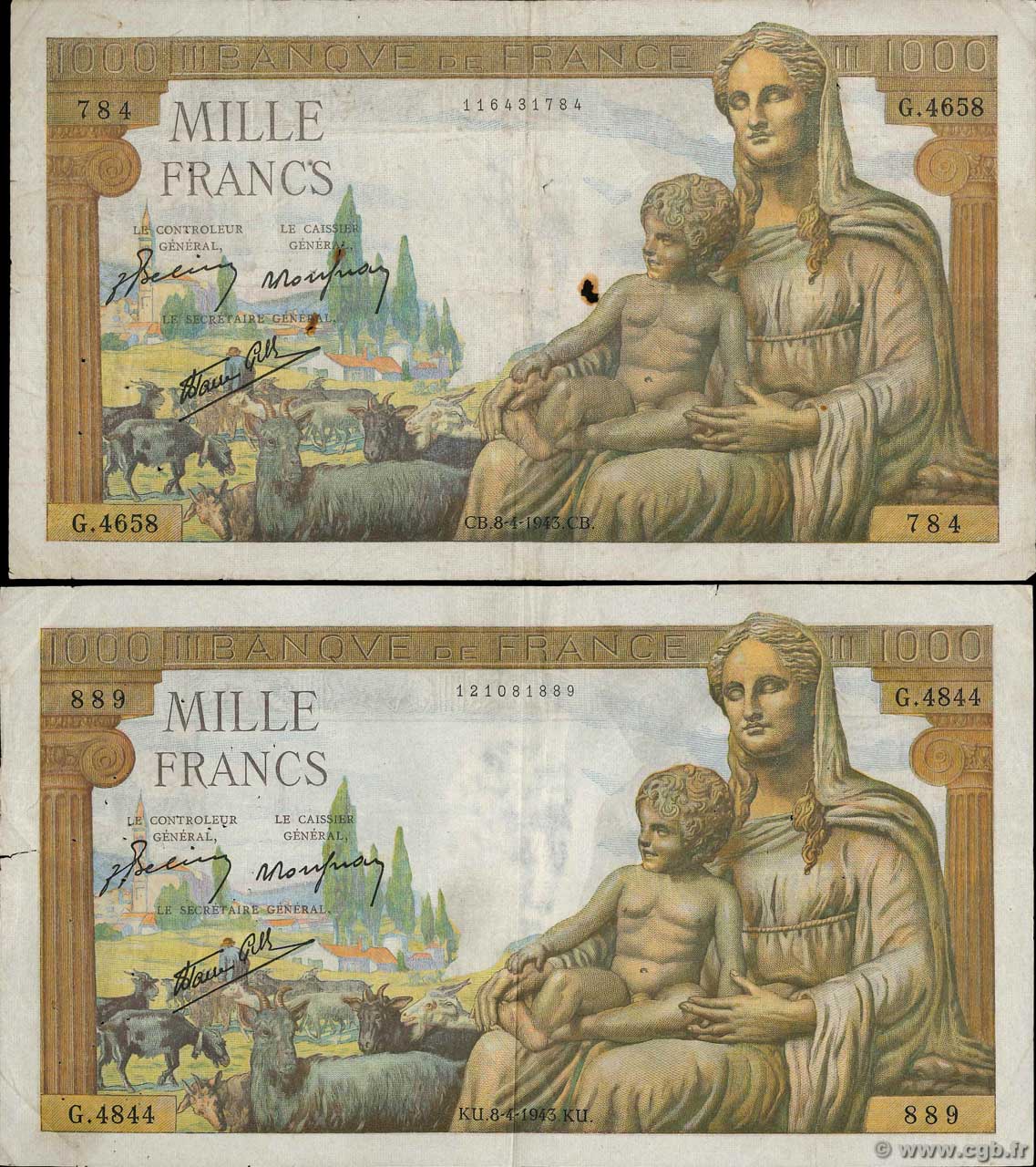1000 Francs DÉESSE DÉMÉTER Lot FRANCE  1943 F.40.21 TB
