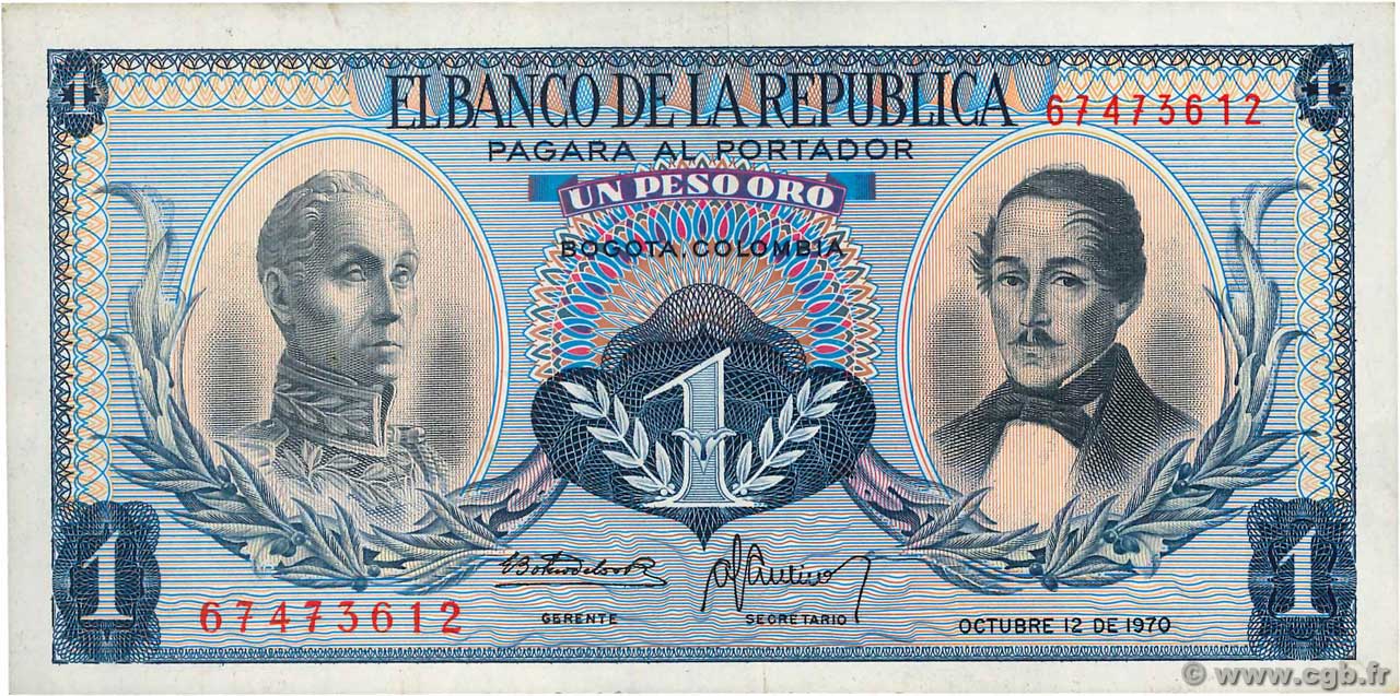 1 Peso Oro COLOMBIA  1970 P.404e MBC