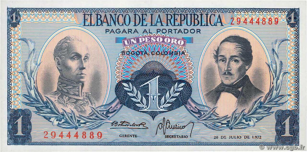 1 Peso Oro COLOMBIE  1972 P.404e NEUF