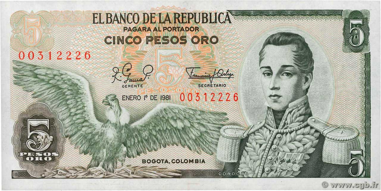 5 Pesos Oro COLOMBIA  1981 P.406f UNC