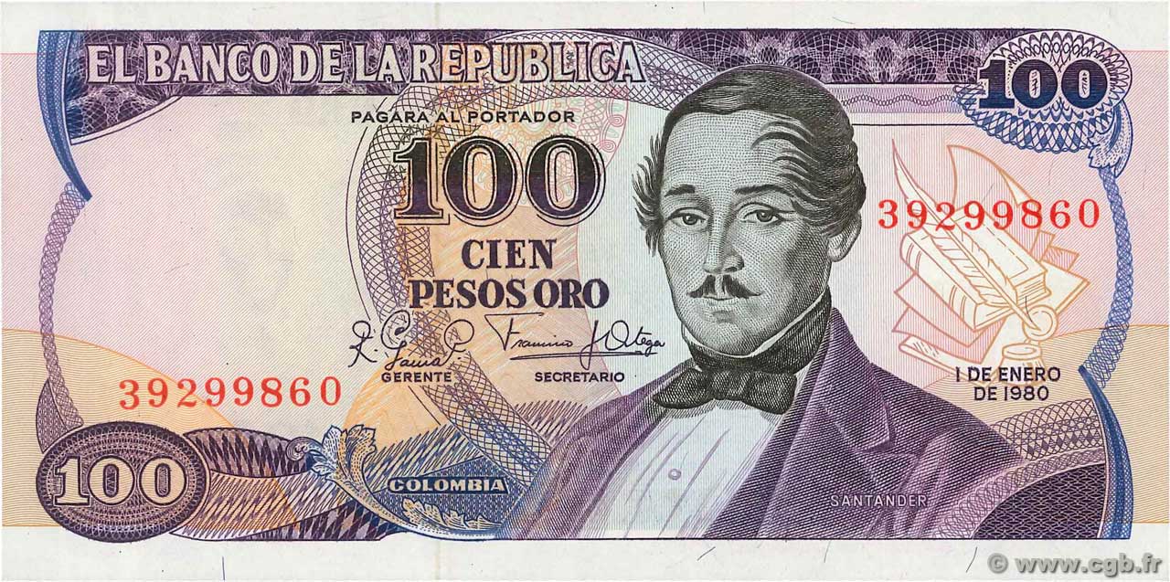 100 Pesos Oro COLOMBIE  1980 P.418c NEUF