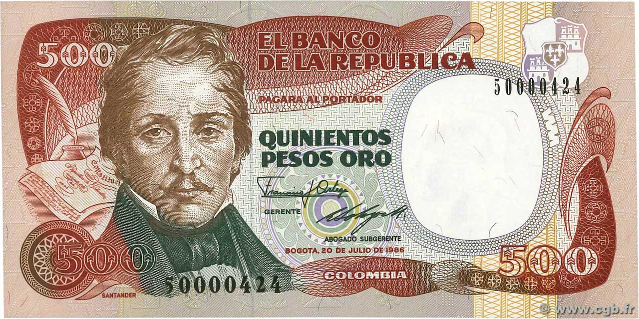500 Pesos Oro COLOMBIA  1986 P.423c UNC
