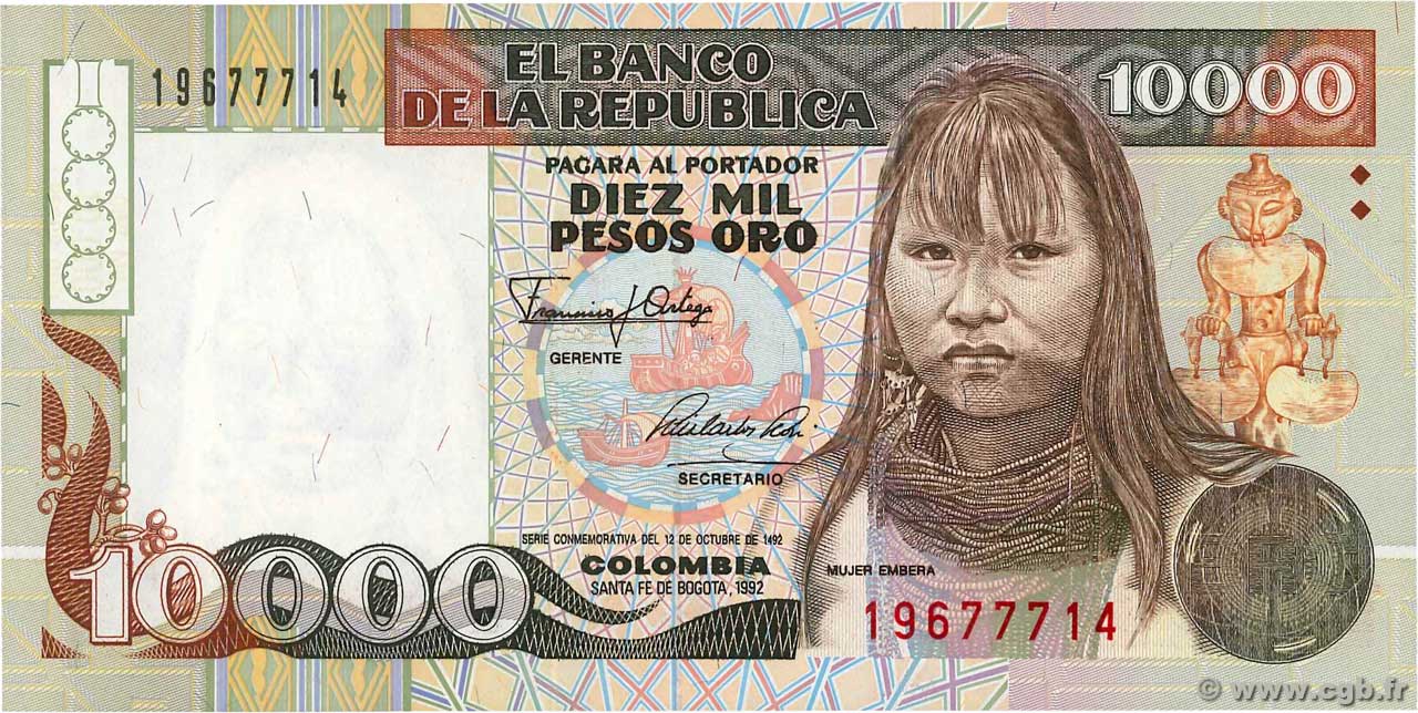 10000 Pesos Oro COLOMBIA  1992 P.437 UNC