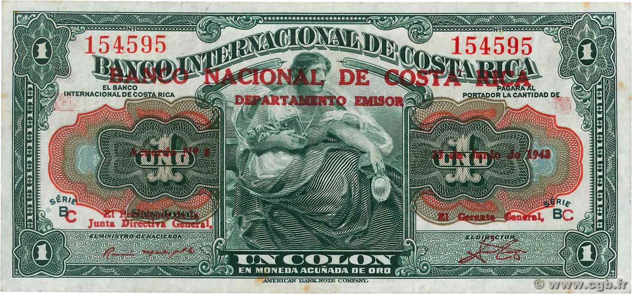 1 Colon COSTA RICA  1943 P.190 MBC