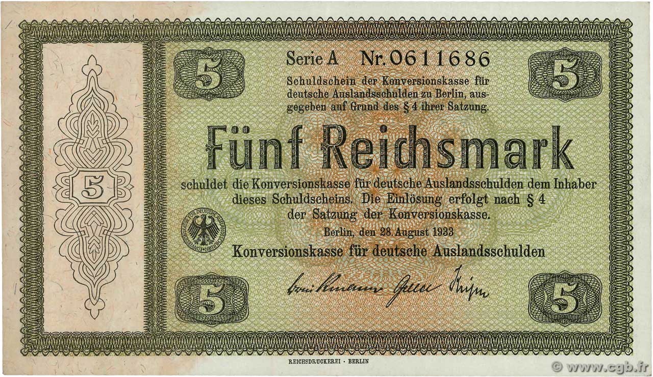 5 Reichsmark DEUTSCHLAND  1933 P.199 VZ