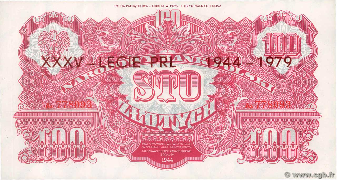 100 Zlotych POLOGNE  1944 P.117b pr.NEUF