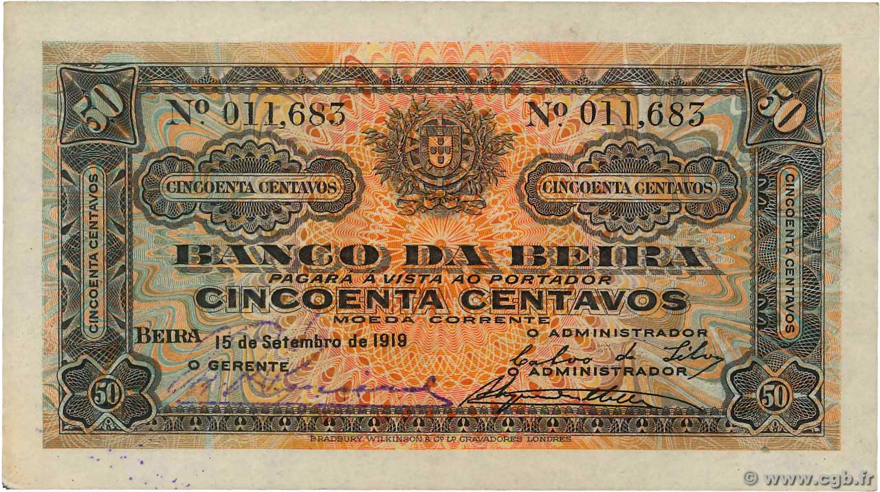 50 Centavos MOZAMBIQUE Beira 1919 P.R03a AU