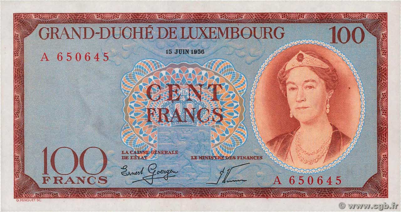 100 Francs LUSSEMBURGO  1956 P.50a FDC