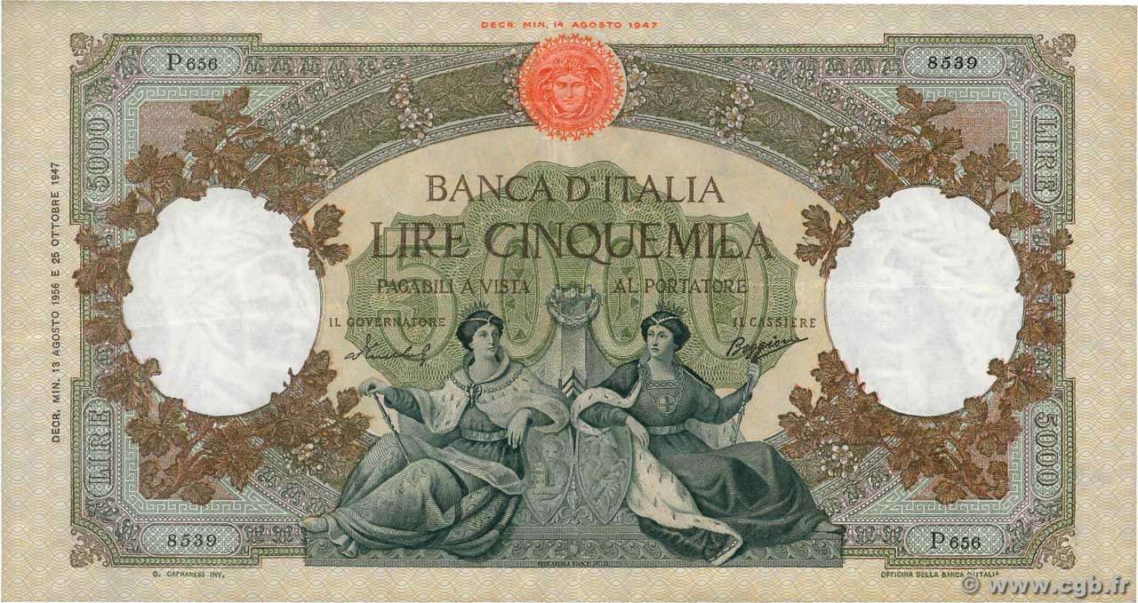 5000 Lire ITALIA  1956 P.085c MBC+