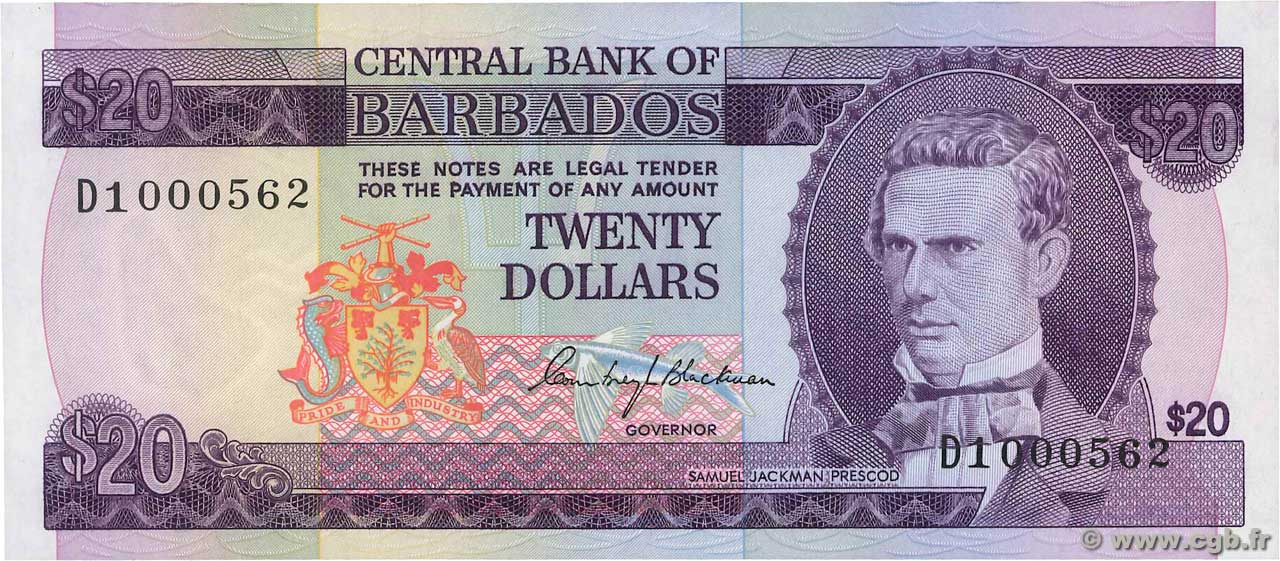 20 Dollars Petit numéro BARBADOS  1973 P.34a UNC