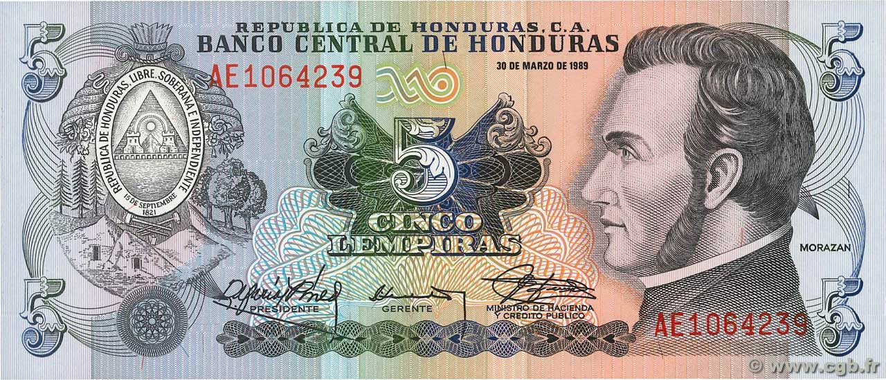 5 Lempiras HONDURAS  1989 P.063b UNC