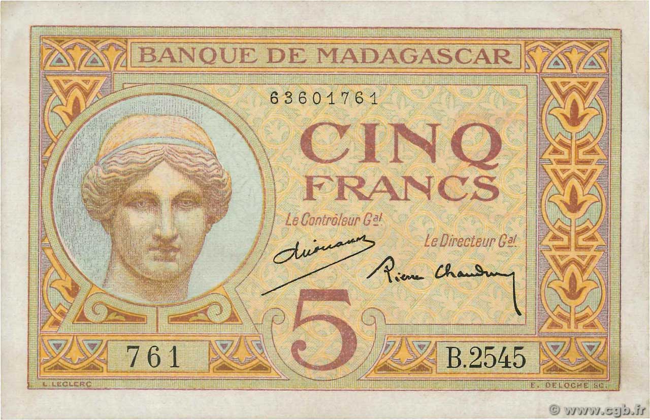 5 Francs MADAGASCAR  1937 P.035 UNC-