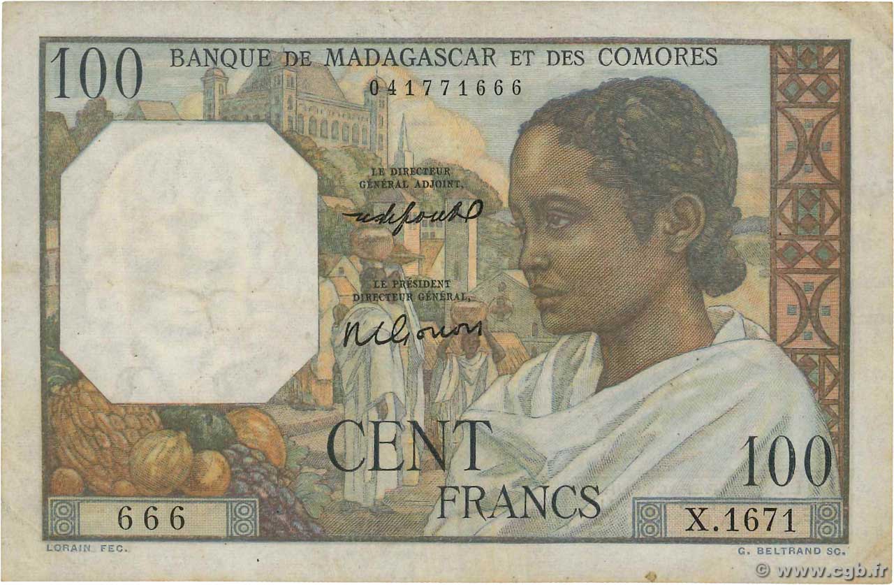100 Francs MADAGASCAR  1951 P.046b BB