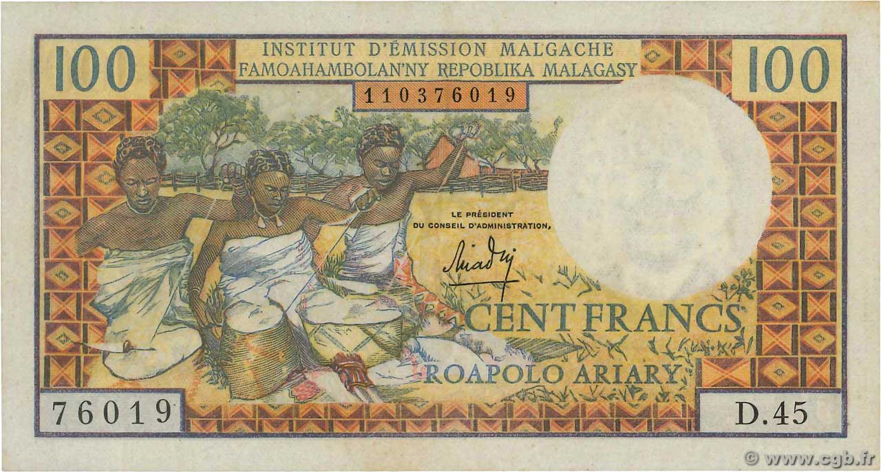 100 Francs - 20 Ariary MADAGASCAR  1966 P.057a EBC