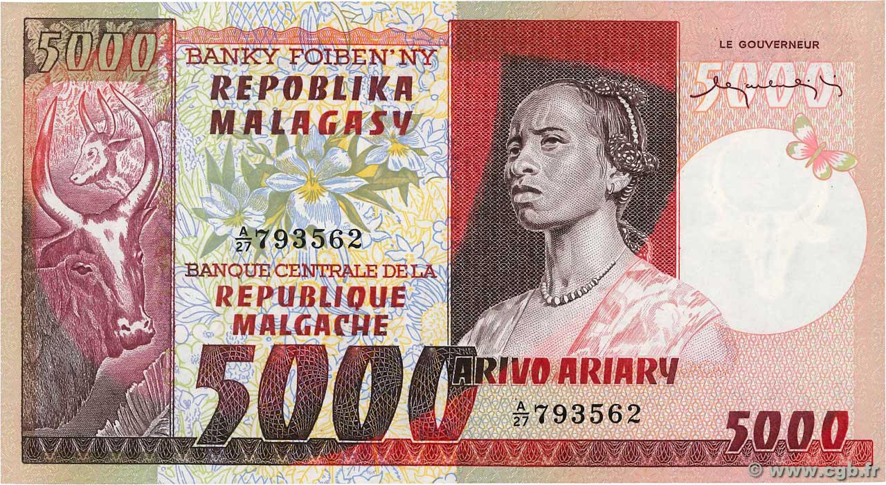 5000 Francs - 1000 Ariary MADAGASKAR  1974 P.066a fST