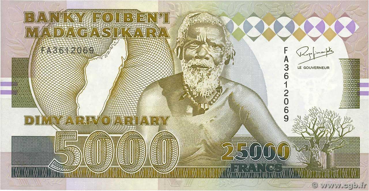 25000 Francs - 5000 Ariary MADAGASCAR  1993 P.074Aa pr.NEUF