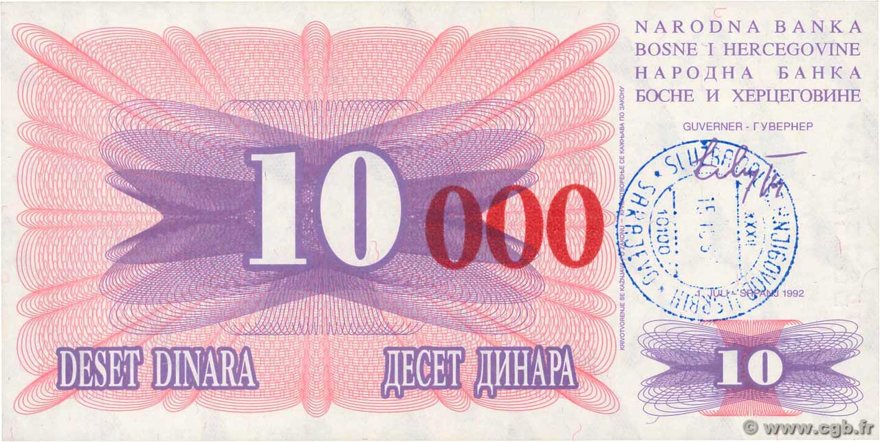 10000 Dinara BOSNIA HERZEGOVINA  1993 P.053f UNC-